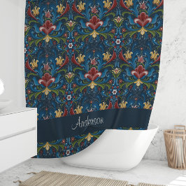Scandinavian Folk Art Blue Floral Pattern Douchegordijn