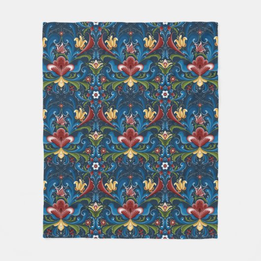 Scandinavian Folk Art Blue Floral Pattern Fleece Deken (Voorkant)