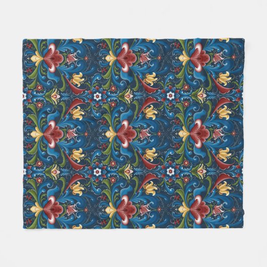 Scandinavian Folk Art Blue Floral Pattern Fleece Deken (Voorkant (Horizontaal))
