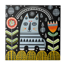 Scandinavian Folk Art Cat Garden Tegeltje