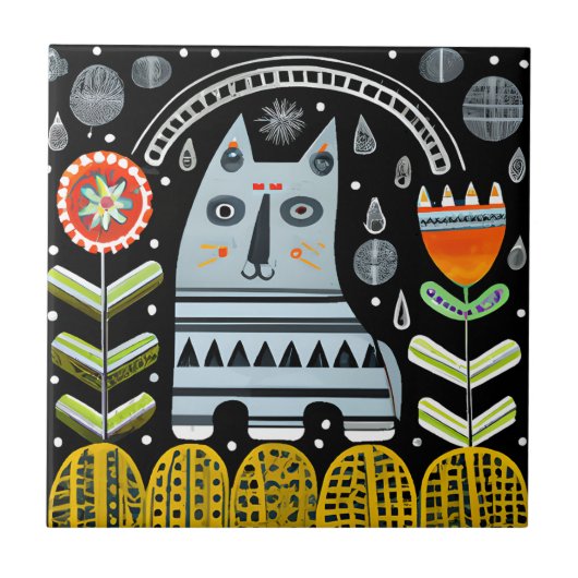 Scandinavian Folk Art Cat Garden Tegeltje (Voorkant)