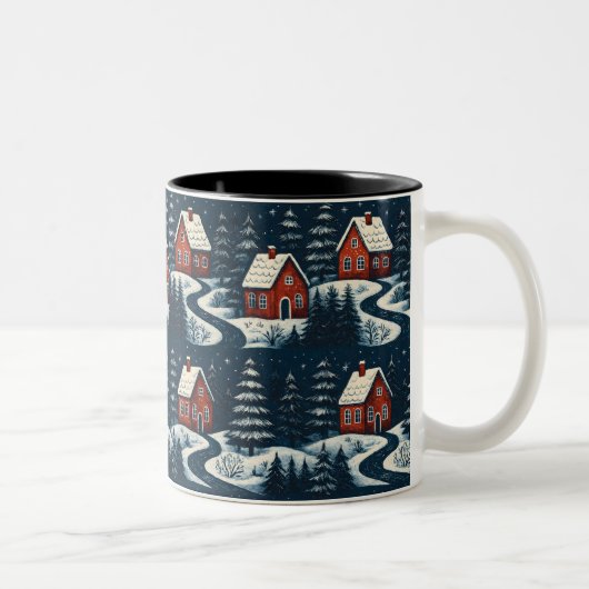 Scandinavian Folk Art Cozy Winter Cabin Mug Tweekleurige Koffiemok (Rechts)