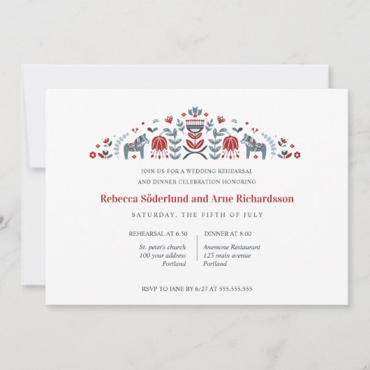 Scandinavian Folk Art Dala Horse Rehearsal Dinner Kaart (Voorkant)