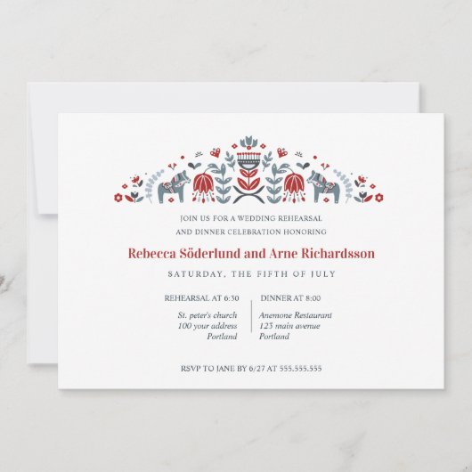 Scandinavian Folk Art Dala Horse Rehearsal Dinner Kaart (Voorkant)