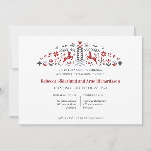 Scandinavian Folk Art Reindeer Rehearsal Dinner Kaart (Voorkant)