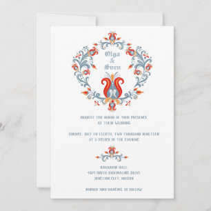 Scandinavian Folk Art Wedding Invitation Blue Kaart
