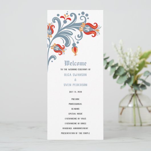 Scandinavian Folk Art Wedding Programme Kaart (Staand voorkant)