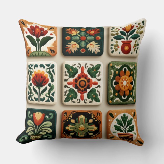 Scandinavian Folk Floral Tile Pattern Throw Pillow Kussen (Voorkant)
