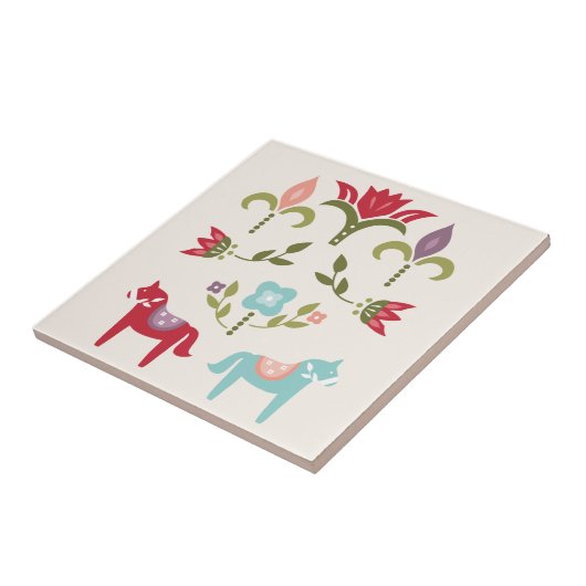 Scandinavian Folk Horses Pattern Tegeltje (Zijkant)