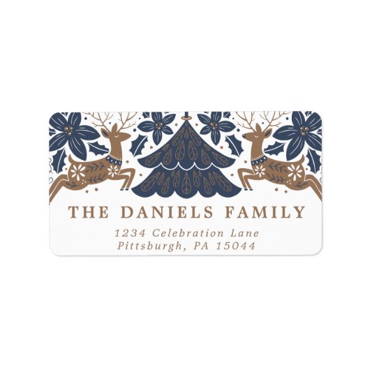 Scandinavian Holiday Reindeer Poinsettia Trees Etiket (Voorkant)