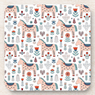 Scandinavian Horse Folk Art Pattern Bier Onderzetter