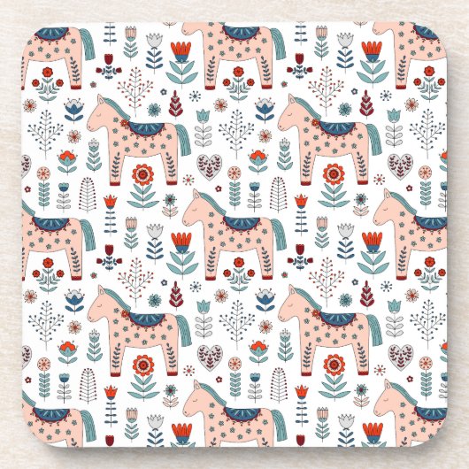 Scandinavian Horse Folk Art Pattern Bier Onderzetter (Voorkant)