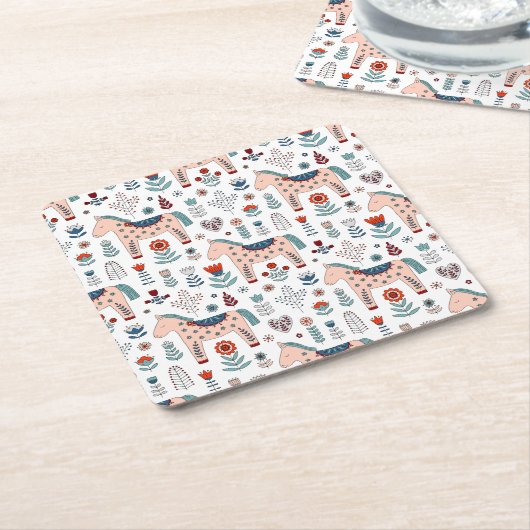 Scandinavian Horse Folk Art Pattern Kartonnen Onderzetters (Schuin)