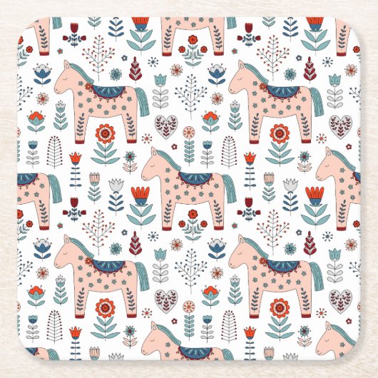Scandinavian Horse Folk Art Pattern Kartonnen Onderzetters (Voorkant)