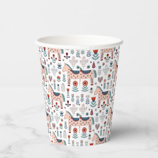 Scandinavian Horse Folk Art Pattern Papieren Bekers (Rechts)