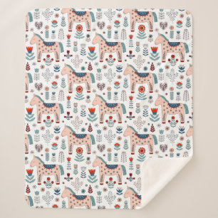 Scandinavian Horse Folk Art Pattern Sherpa Deken