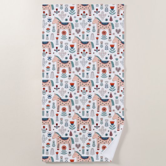 Scandinavian Horse Folk Art Pattern Strandlaken (Voorkant)