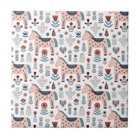 Scandinavian Horse Folk Art Pattern Tegeltje (Voorkant)