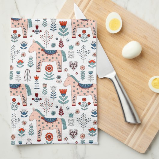 Scandinavian Horse Folk Art Pattern Theedoek (Quarter Fold)