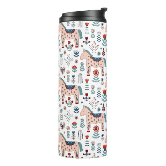 Scandinavian Horse Folk Art Pattern Thermosbeker (Gedraaid links)