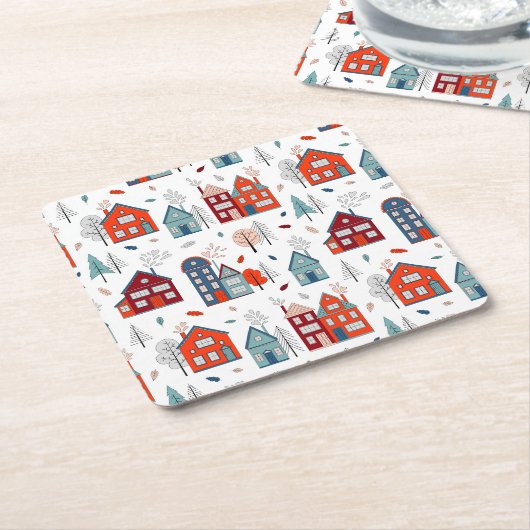 Scandinavian House Folk Art Pattern Kartonnen Onderzetters (Schuin)