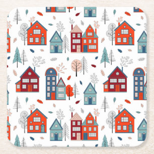 Scandinavian House Folk Art Pattern Kartonnen Onderzetters