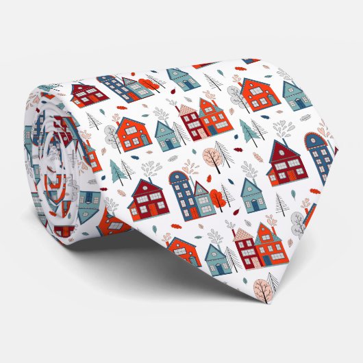 Scandinavian House Folk Art Pattern Stropdas (Opgerold)