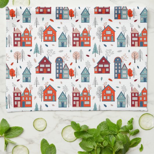 Scandinavian House Folk Art Pattern Theedoek (Gevouwen)