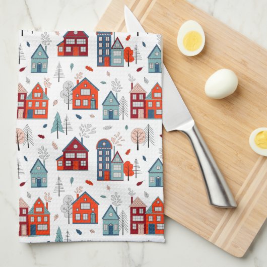 Scandinavian House Folk Art Pattern Theedoek (Quarter Fold)