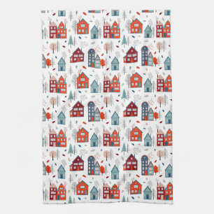 Scandinavian House Folk Art Pattern Theedoek