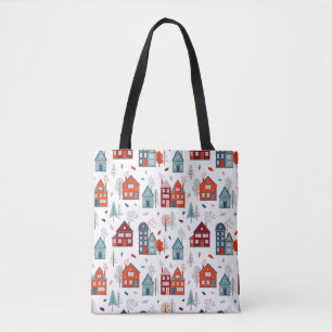 Scandinavian House Folk Art Pattern Tote Bag