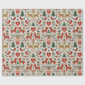 Scandinavian Red and Green Folk Christmas Pattern Cadeaupapier (Vlak)
