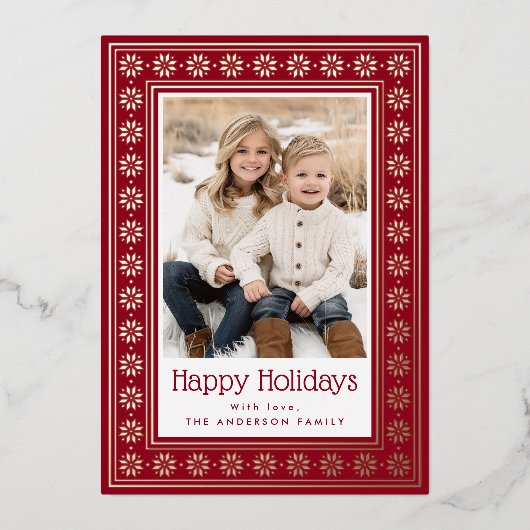 Scandinavian star pattern border Happy Holidays Folie Feestdagenkaart (Voorkant)