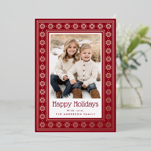 Scandinavian star pattern border Happy Holidays Folie Feestdagenkaart (Staand Voorkant)