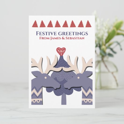 Scandinavian Two Male Reindeer Gay Personalized Feestdagenkaart (Staand voorkant)