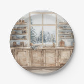 Scandinavian Winter Kitchen Watercolor with Snowy Papieren Bordje (Voorkant)