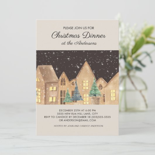 Scandinavian Winter Snow Village Kerstdiner Kaart (Staand voorkant)