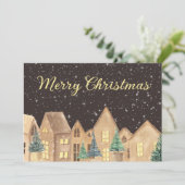 Scandinavian Winter Snow Village Merry Kerstry Feestdagenkaart (Staand voorkant)