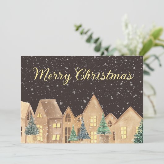 Scandinavian Winter Snow Village Merry Kerstry Feestdagenkaart (Staand voorkant)