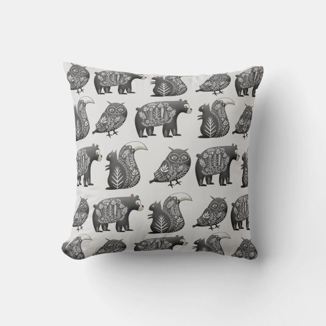 Scandinavian Woodland Animal Art Gray Pattern Kussen (Voorkant)