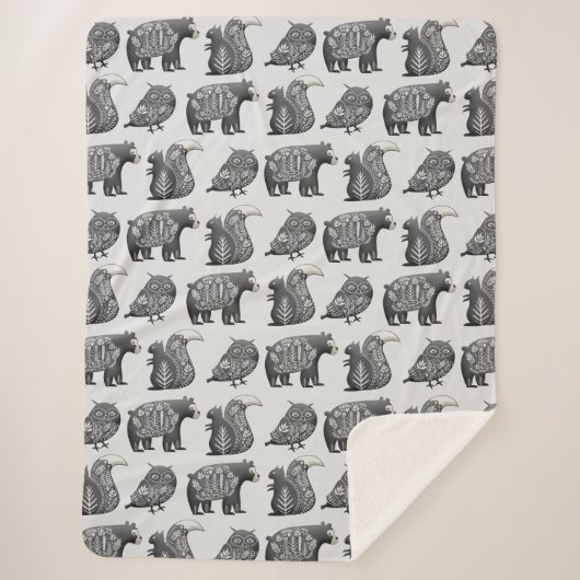 Scandinavian Woodland Animal Art Gray Pattern Sherpa Deken (Voorkant)