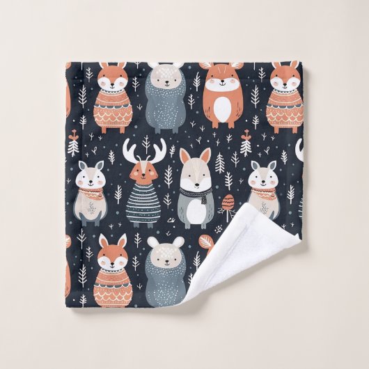 Scandinavian Woodland Animals Kerstwinter Bad Handdoek (Wasdoekje)
