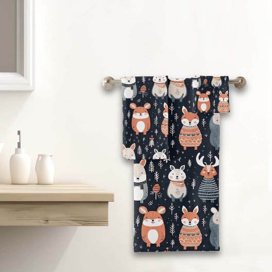 Scandinavian Woodland Animals Kerstwinter Bad Handdoek