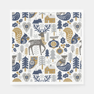 Scandinavian Woodland Animals Sneeuwvlokken Kerstm Servet