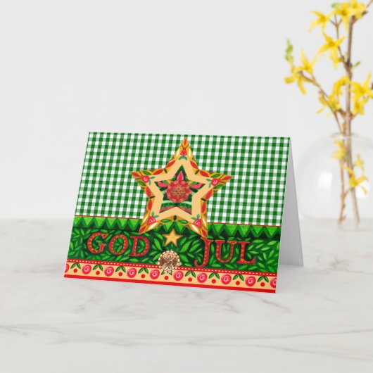 Scandinavian Xmas God jul vouwde Wenskaart 1 Kaart (Gele Bloem)