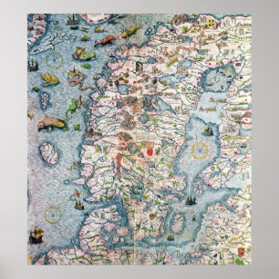 Scandinavië, detail van de Carta Marina Poster