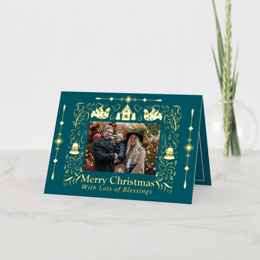 Scandinavië Folktale Kerstfoto Blauwgroen Folie Feestdagenkaart (Voorkant)