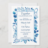 Scandinavisch blauw bloemenpatroon bruiloft kaart (Voorkant)