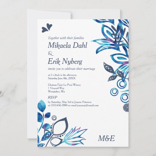 Scandinavisch blauw bloemenpatroon bruiloft kaart (Voorkant)