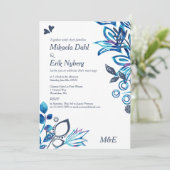 Scandinavisch blauw bloemenpatroon bruiloft kaart (Staand voorkant)